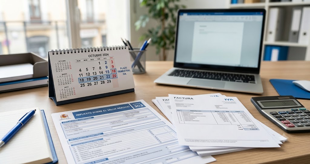 Formulario del modelo 303 de IVA trimestral junto a facturas y calendario de plazos fiscales