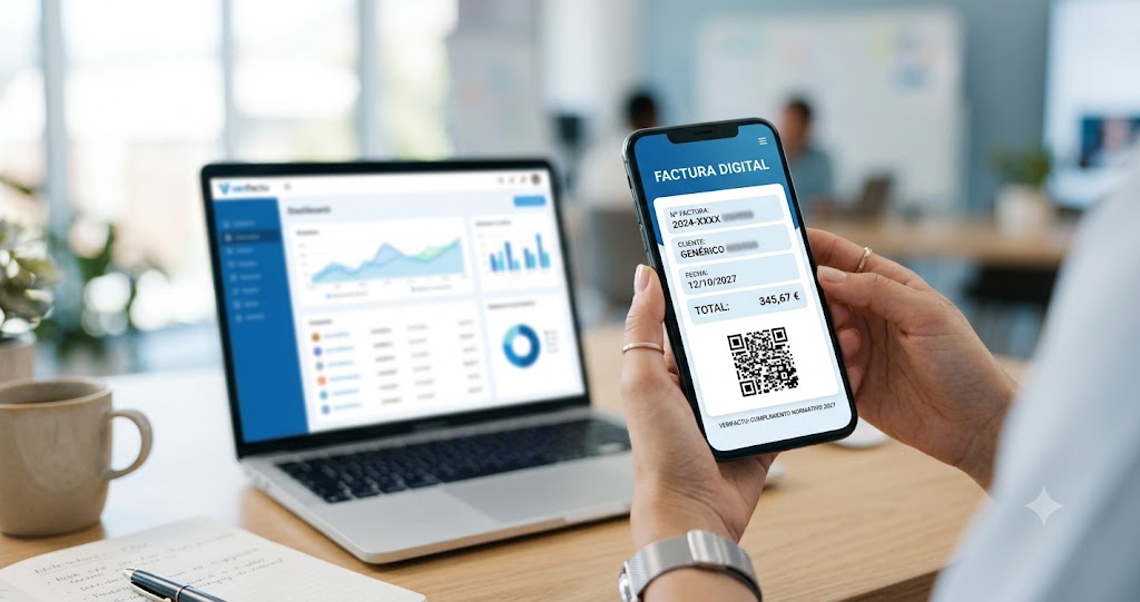 Factura digital en smartphone con código QR y registro electrónico de facturación verificable
